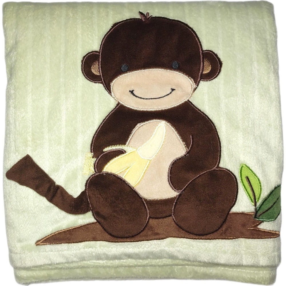 Lambs & Ivy Monkey W Bananas Baby Blanket Green Brown Unisex Lovey Lines Soft
